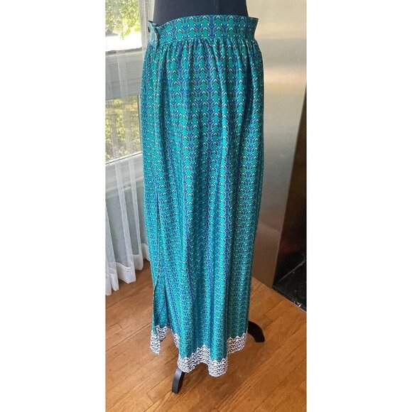 Vintage 80s wrap skirt, teal and blue, maxi, ankle length, Oleg Cassini, 2/4 - Picture 4 of 8